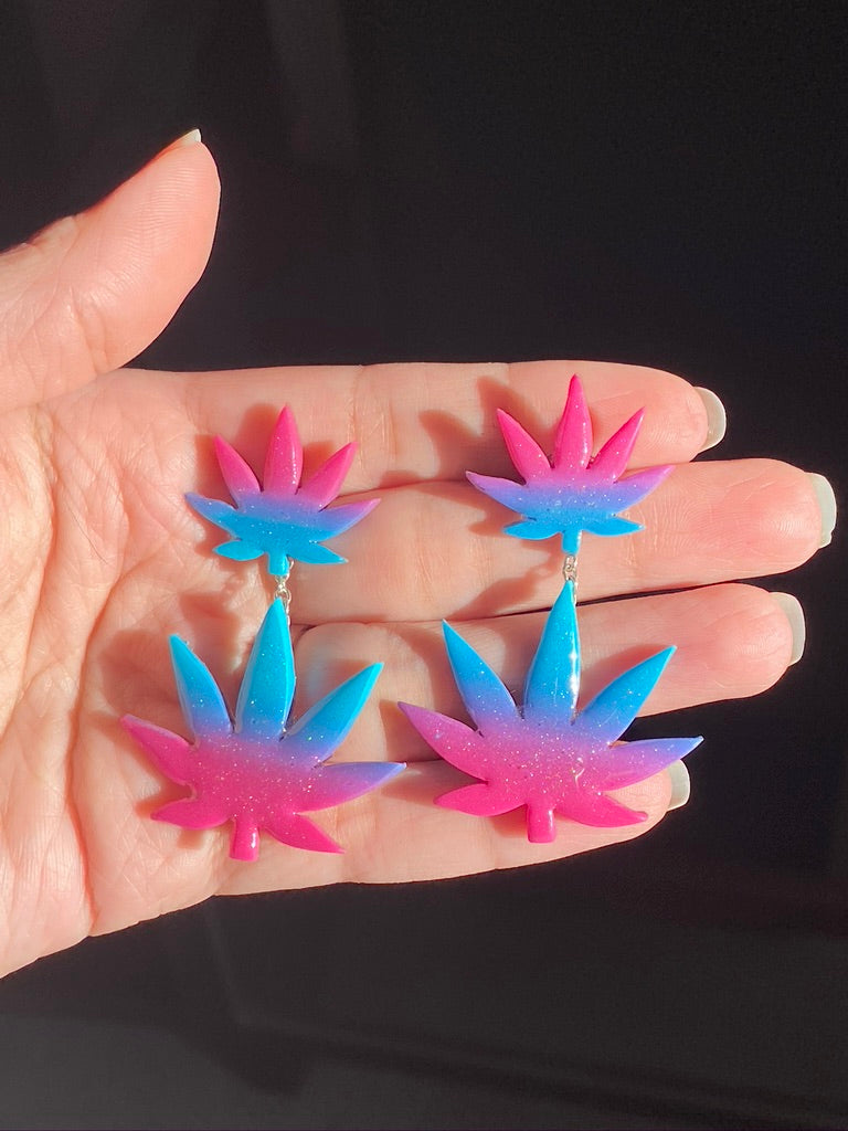Pink and Blue Clay Gradient Weed Leaf Dangle Earrings w/ Rainbow Weed –  Cute Berry Jewelry