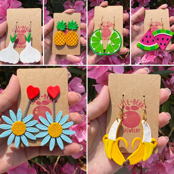 Collage of cute and colorful handmade clay earrings