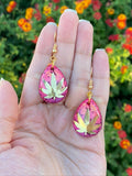 Full Gold Weed Leaf Drop Red to Orange Alcohol Ink Dangle Earrings || 420 Stoner Gift || Handmade Marijuana Jewelry || Cannabis - Cute Berry Jewelry