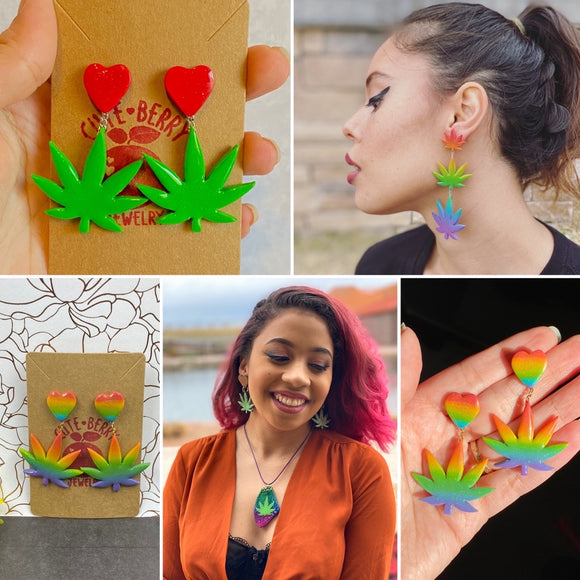 Metalic Green Clay Weed Leaf Studs || 420 Stoner Gift || Handmade Marijuana Jewelry || Cannabis - Cute Berry Jewelry