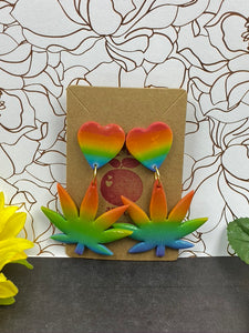 Large Clay Rainbow Weed Leaf Dangle Earrings w/ Heart Studs || 420 Stoner Gift || Handmade Marijuana Jewelry || Cannabis - Cute Berry Jewelry