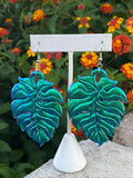 Shiny Iridescent Chrome Large Monstera Leaf Dangle Earrings Resin Nickel Free - Cute Berry Jewelry