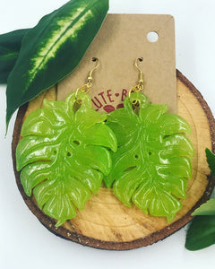 Small Monstera Leaf Dangle Earrings Resin Multiple Colors with Nickel Free Findings - Cute Berry Jewelry