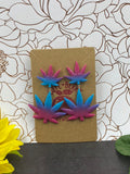 Pink and Blue Clay Gradient Weed Leaf Dangle Earrings w/ Rainbow Weed Leaf Studs || 420 Stoner Gift || Handmade Marijuana Jewelry || Cannabis - Cute Berry Jewelry