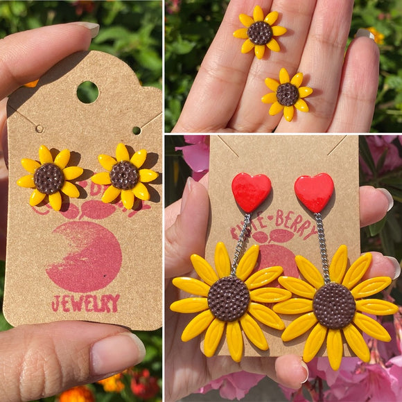 Cute Clay Large Sunflower Dangle Earrings With Brown Heart Studs - Cute Berry Jewelry