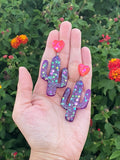 Cute Purple Resin Large Sparkle Cactus Dangle Earrings with Sparkle Heart Stud - Cute Berry Jewelry