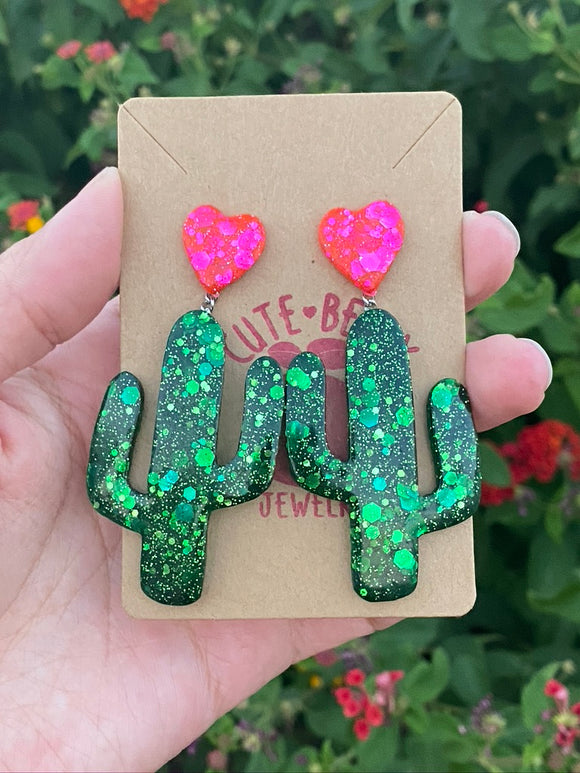 Cute Green Resin Large Sparkle Cactus Dangle Earrings with Sparkle Heart Stud - Cute Berry Jewelry