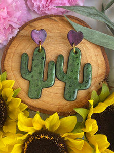Cute Clay Large Iridescent Cactus Dangle Earrings with Heart Stud - Cute Berry Jewelry