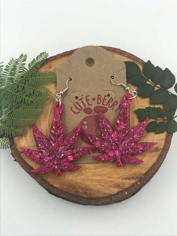 Sparkly 420 Glitter Resin Large Weed Leaf Dangle Earrings - Multiple Colors Available || 420 Stoner Gift || Handmade Marijuana Jewelry || Cannabis - Cute Berry Jewelry