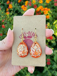 Open Gold Weed Leaf Drop Red to Orange Alcohol Ink Dangle Earrings || 420 Stoner Gift || Handmade Marijuana Jewelry || Cannabis - Cute Berry Jewelry