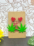 Small Clay Green Weed Leaf Dangle with Red Heart Stud Earrings || 420 Stoner Gift || Handmade Marijuana Jewelry || Cannabis - Cute Berry Jewelry