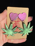 Clay Chrome Weed Leaf Marijuana Dangle Earrings with Heart Stud - Cute Berry Jewelry