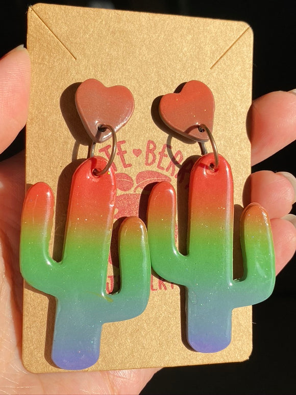 Cute Clay Large Rainbow Cactus Dangle Earrings with Heart Stud - Cute Berry Jewelry