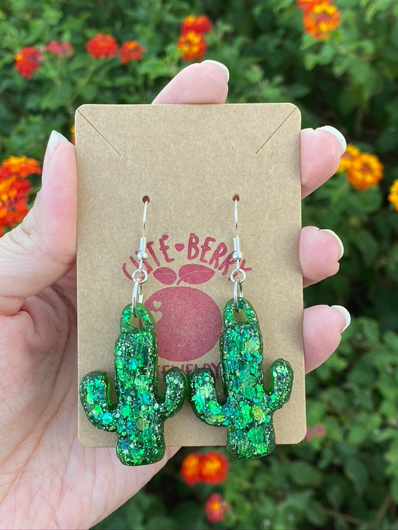 Sparkly Resin Green Cactus Dangle Earrings - Cute Berry Jewelry