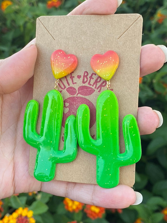 Cute Clay Large Cactus Dangle Earrings with Heart Stud Shimmer Top Coat - Cute Berry Jewelry