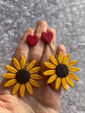 Cute Clay Sunflower Dangle Earrings With Heart Studs - Cute Berry Jewelry