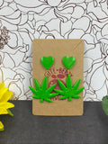 Small Green Clay Weed Leaf Dangle Earrings w/ Green Heart Studs || 420 Stoner Gift || Handmade Marijuana Jewelry || Cannabis - Cute Berry Jewelry