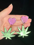 Large Clay Dark Green Weed Leaf Dangle Earrings w/ Heart Stud|| 420 Stoner Gift || Handmade Marijuana Jewelry || Cannabis - Cute Berry Jewelry