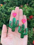 Cute Green Resin Large Sparkle Cactus Dangle Earrings with Sparkle Heart Stud - Cute Berry Jewelry