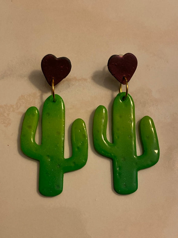 Cute Clay Small Cactus Dangle Earrings with Heart Stud - Cute Berry Jewelry