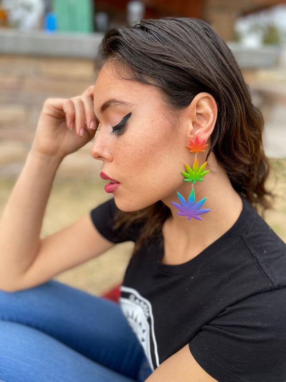 Clay Weed Leaf Rainbow Triple Marijuana Dangle Earrings - Cute Berry Jewelry