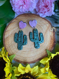 Cute Clay Small Iridescent Cactus Dangle Earrings with Heart Stud - Cute Berry Jewelry