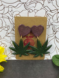 Large Clay Dark Green Weed Leaf Dangle Earrings w/ Heart Stud|| 420 Stoner Gift || Handmade Marijuana Jewelry || Cannabis - Cute Berry Jewelry