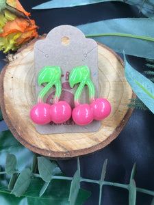 Pink Cherry Fruit Earrings Resin Nickel Free - Cute Berry Jewelry