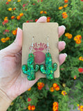 Sparkly Resin Green Cactus Dangle Earrings - Cute Berry Jewelry