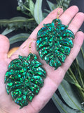 Sparkly Green Glitter Large Monstera Leaf Dangle Earrings Resin Nickel Free - Cute Berry Jewelry