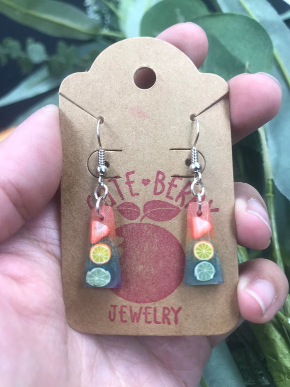 Cute Fruit Faceted Trapezoid Strawberry Orange Lime Rainbow Sparkle Earrings - Cute Berry Jewelry
