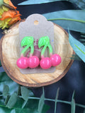 Glow Resin GLOW In The DARK Hot Pink Cherry Stud Fruit Earrings - Cute Berry Jewelry