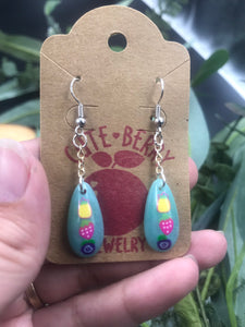 Cute Fruit Teardrop Pineapple Strawberry Blueberry Aqua Sparkle Earrings - Cute Berry Jewelry