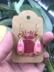 Cute Fruit Teardrop Strawberry Grapefruit Pineapple Pink Sparkle Earrings - Cute Berry Jewelry
