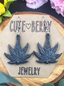 Shimmer Slate Black Marijuana Leaf 420 Sparkle Dangle Earrings Stoner Gift - Cute Berry Jewelry