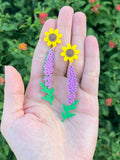 3D Print Sunflower Stud with Lavender Dangle - Cute Berry Jewelry