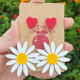 Cute Resin White Daisy Dangle Earrings with Heart Stud - Cute Berry Jewelry
