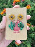 Resin Small Glitter Cactus Dangle with Sunflower Stud - Cute Berry Jewelry