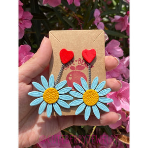 Clay Cornflower Blue Dangle Earrings with Heart Stud 💙💙💙 - Cute Berry Jewelry