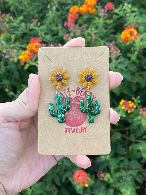 Resin Small Glitter Cactus Dangle with Sunflower Stud - Cute Berry Jewelry