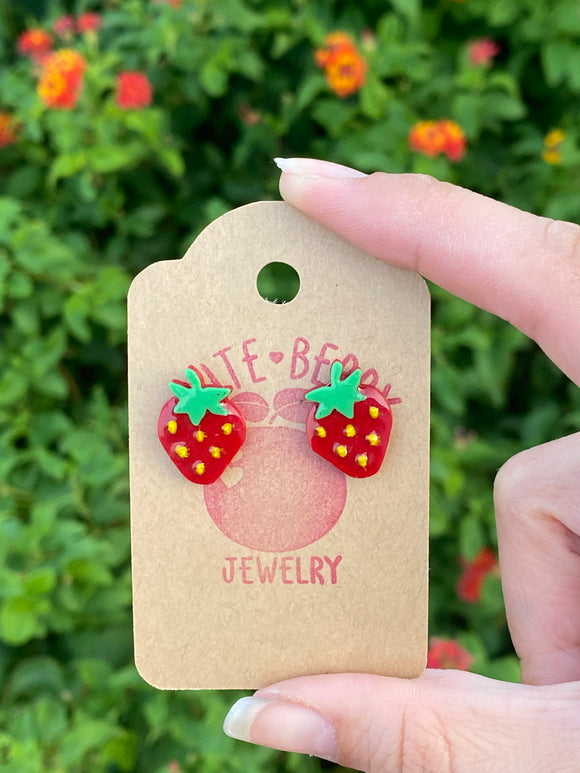 3D Print Strawberry Fruit Stud Earrings - Cute Berry Jewelry