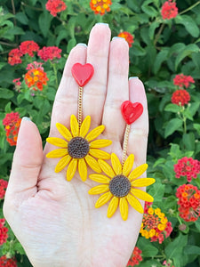 Cute Resin Sunflower Dangle Earrings With Heart Studs - Cute Berry Jewelry