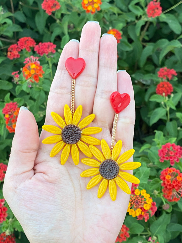 Cute Resin Sunflower Dangle Earrings With Heart Studs - Cute Berry Jewelry