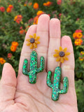 Resin Medium Glitter Cactus Dangle with Sunflower Stud - Cute Berry Jewelry