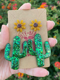 Resin Large Glitter Cactus Dangle with Sunflower Stud - Cute Berry Jewelry