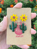 Resin Small Cactus Dangle with Sunflower Stud - Cute Berry Jewelry