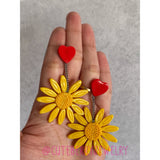 Clay Yellow Daisy Dangle Earring with Heart Stud - Cute Berry Jewelry