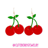 Clay Cherry Red Dangle Earrings 🍒🍒🍒 - Cute Berry Jewelry