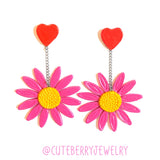 Cute Clay Pink Daisy Dangle Earring with Heart Stud 🌸🌸🌸 - Cute Berry Jewelry