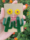 Resin Large Cactus Dangle with Sunflower Stud - Cute Berry Jewelry